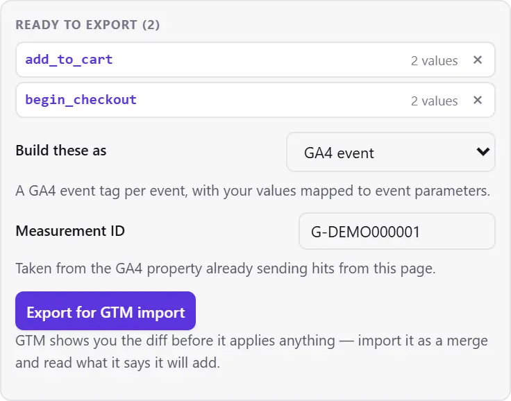 The export panel holding two kept events, add_to_cart and begin_checkout with two values each, a selector set to GA4 event, the measurement ID field, and an Export for GTM import button.