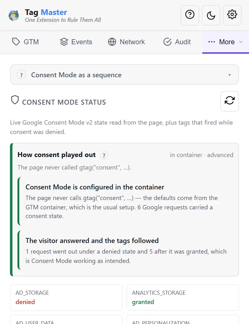 The consent panel showing the default and update calls in order, with the requests that went out between them