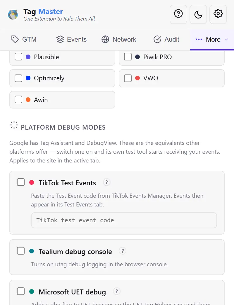 The Platform Debug Modes section of the Tag Master panel, listing TikTok Test Events with a field for the test code, Tealium debug console and Microsoft UET debug as toggles.