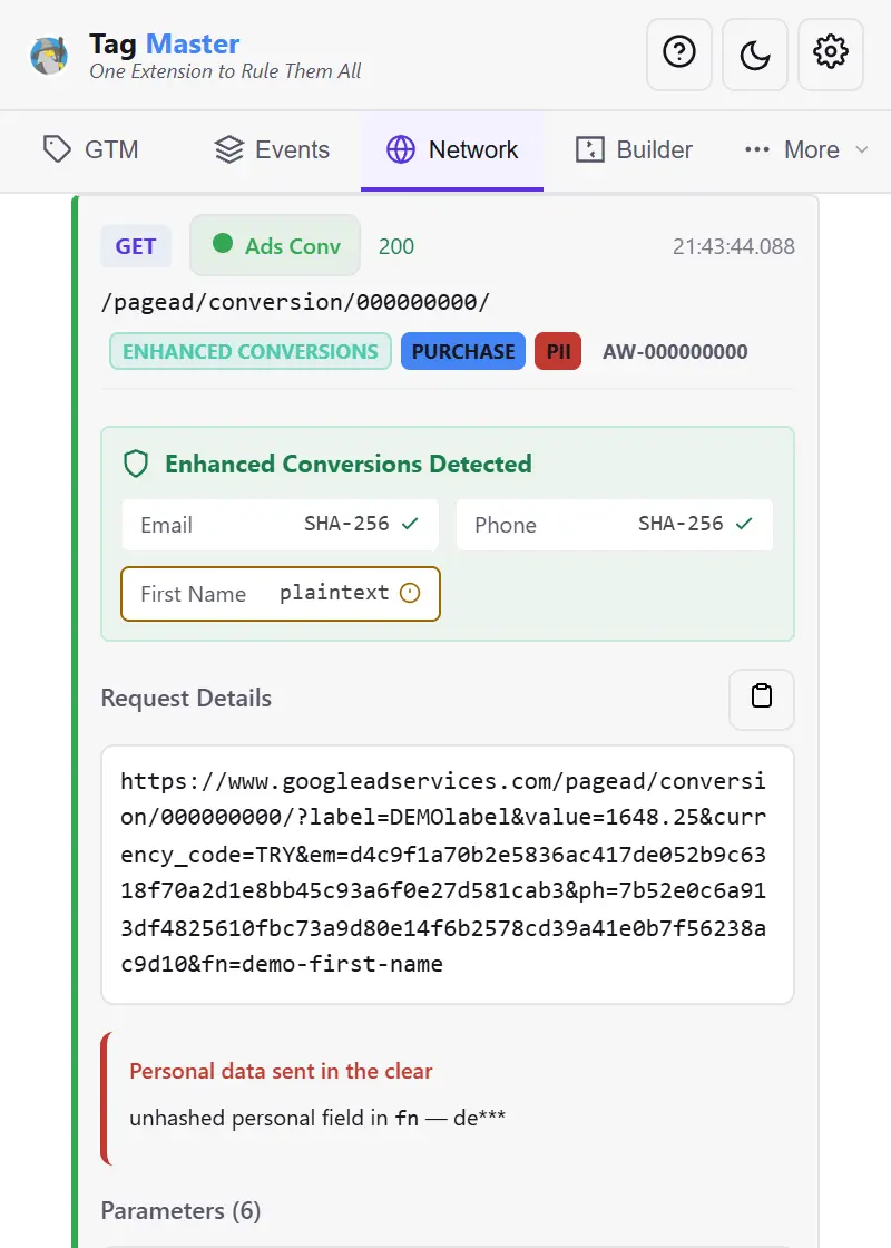 A Google Ads conversion expanded in the panel, badged Enhanced Conversions and PII, with Email and Phone marked SHA-256 and ticked while First Name is marked plaintext and flagged, above a 