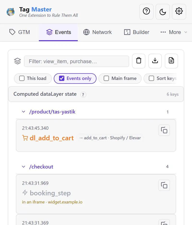 A dl_add_to_cart push in the events list with a smaller note beside it reading 