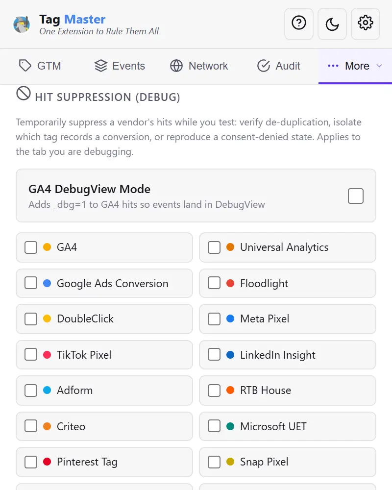 The hit suppression section of the Tag Master panel: a GA4 DebugView Mode toggle above a two-column list of vendors — GA4, Google Ads, Meta Pixel, TikTok, Criteo, Microsoft UET and more — each with its own checkbox.
