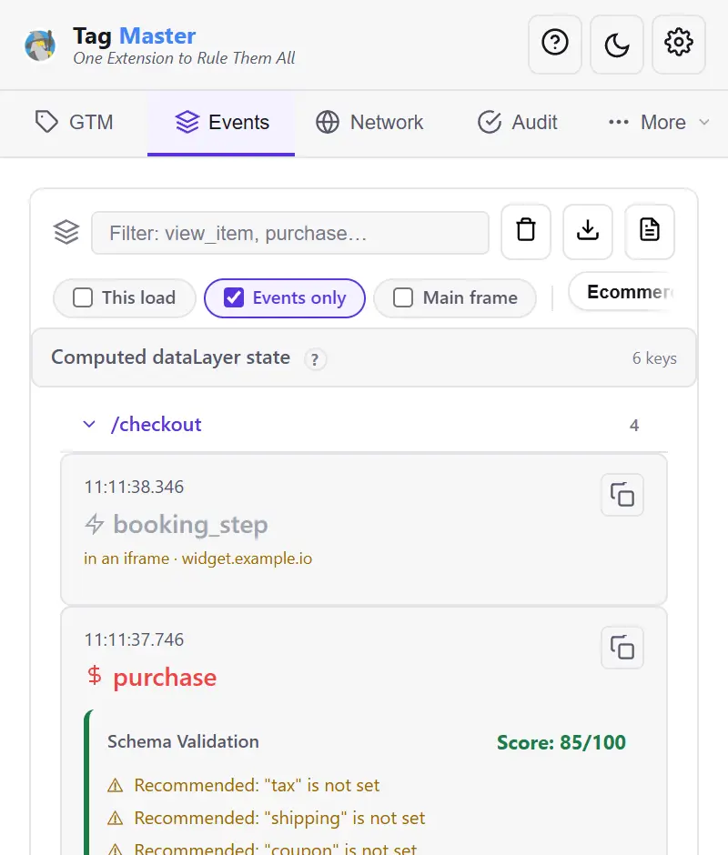 The events list with the Main frame filter unticked, showing a booking_step push marked 