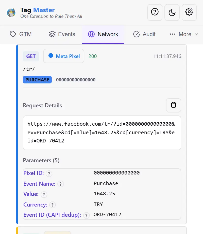 A Meta Pixel Purchase request expanded in the panel, its parameters listed as Pixel ID, Event Name, Value, Currency and Event ID marked for CAPI deduplication