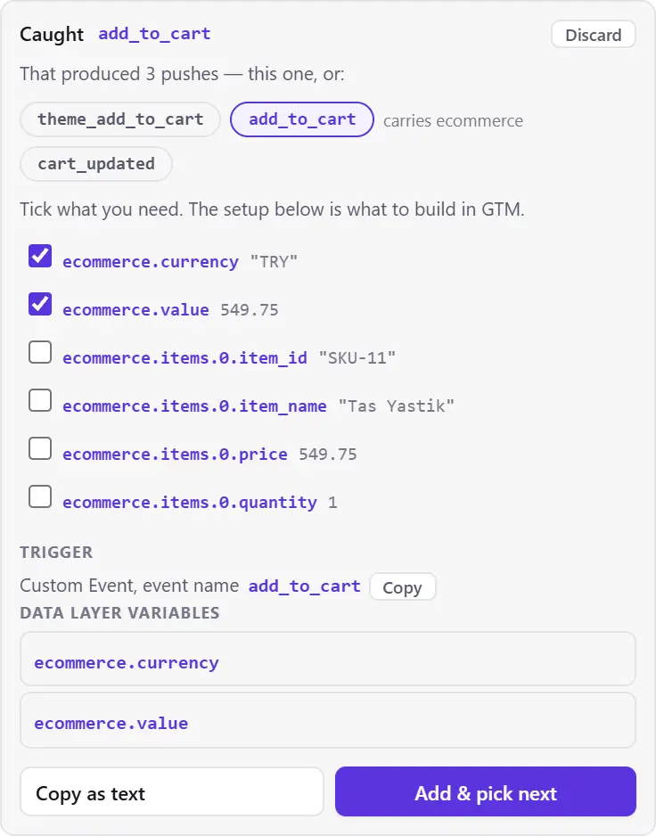 Tag Master after one add-to-cart click: it caught add_to_cart, lists the other two pushes the same click produced — theme_add_to_cart and cart_updated — and shows the event parameters with currency and value already ticked.