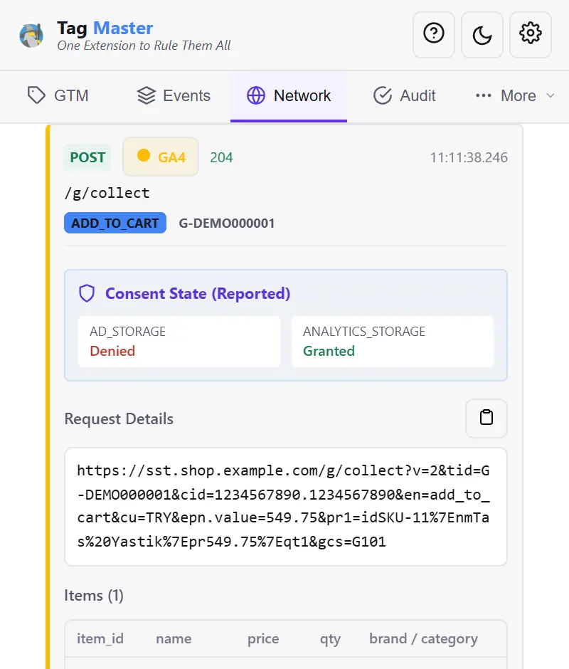 A first-party collection endpoint detected and marked as server-side GTM in the panel