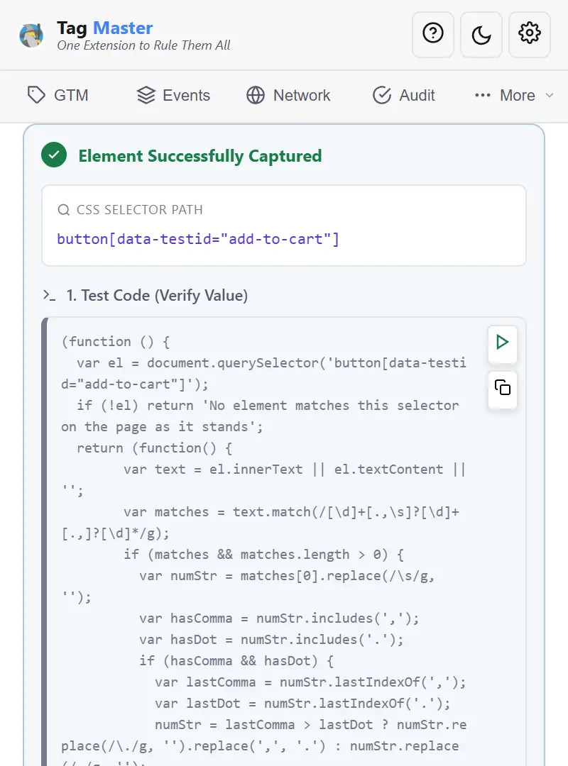 Tag Master after an element was picked: the generated CSS selector button[data-testid=