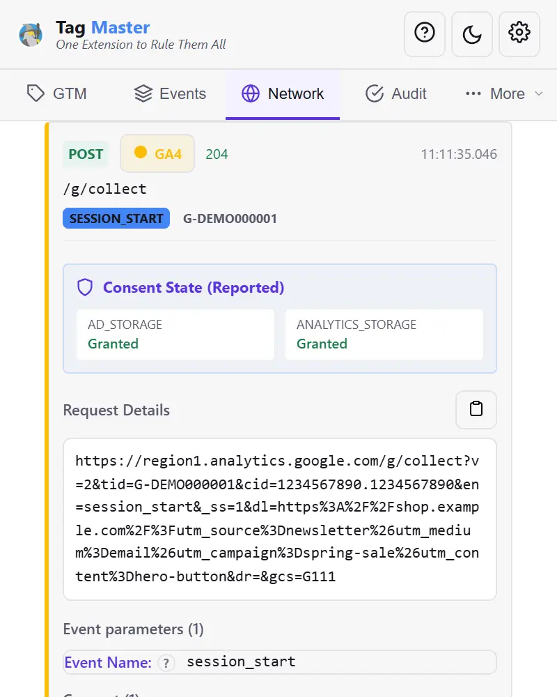 A GA4 session_start request expanded in the panel, showing the consent state and the full request URL with the campaign values inside the dl parameter.