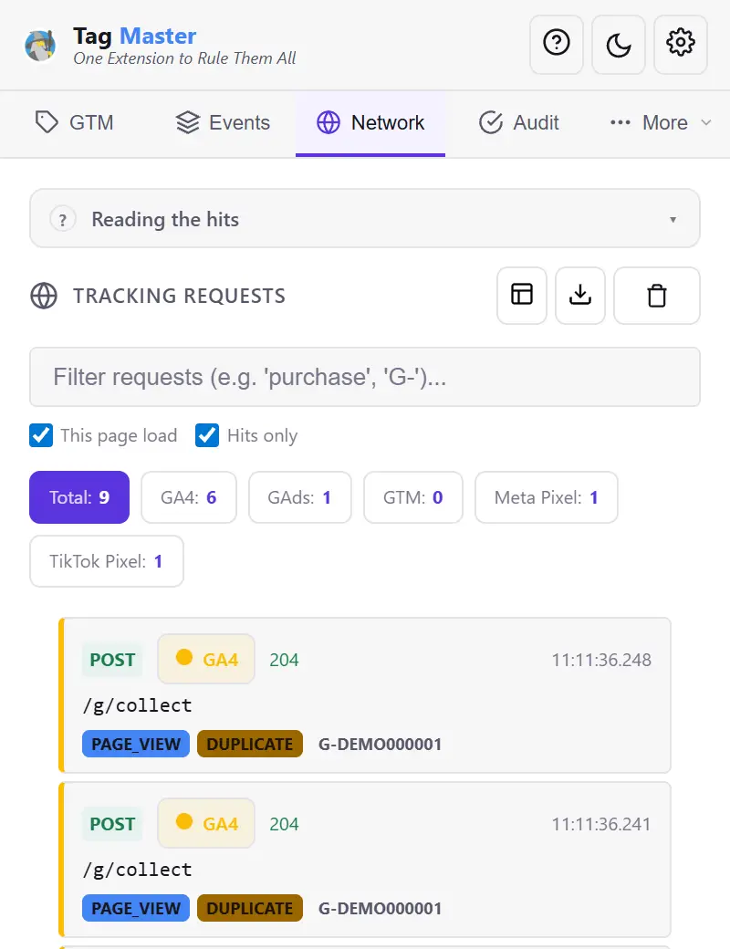 The Tag Master request list with per-platform counters across the top — GA4, Google Ads, GTM, Meta Pixel and TikTok Pixel — and the decoded requests below.