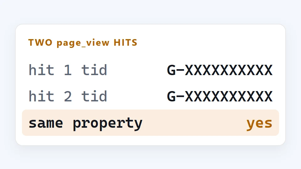Panel fragment labelled TWO page_view HITS, showing hit 1  tid, hit 2  tid and same property.