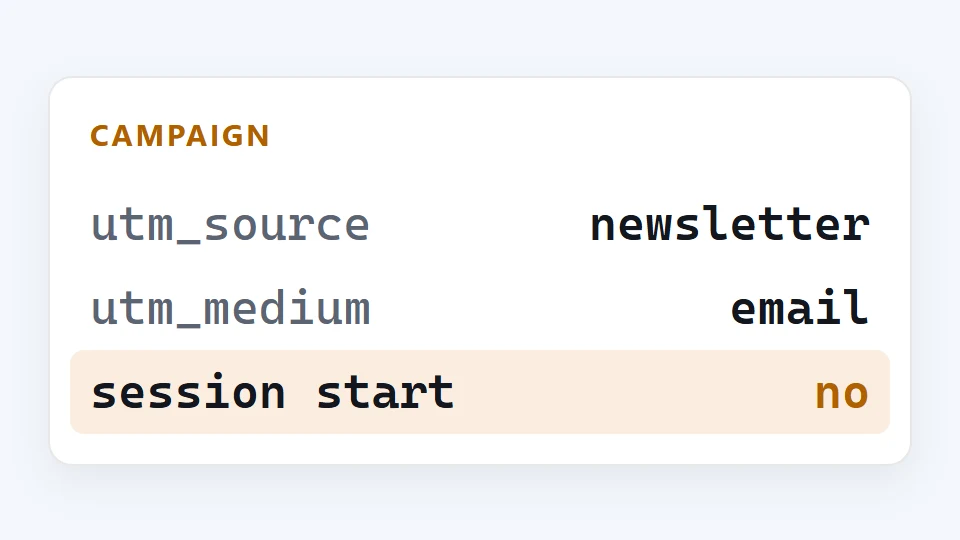 Panel fragment labelled CAMPAIGN, showing utm_source, utm_medium and session start.